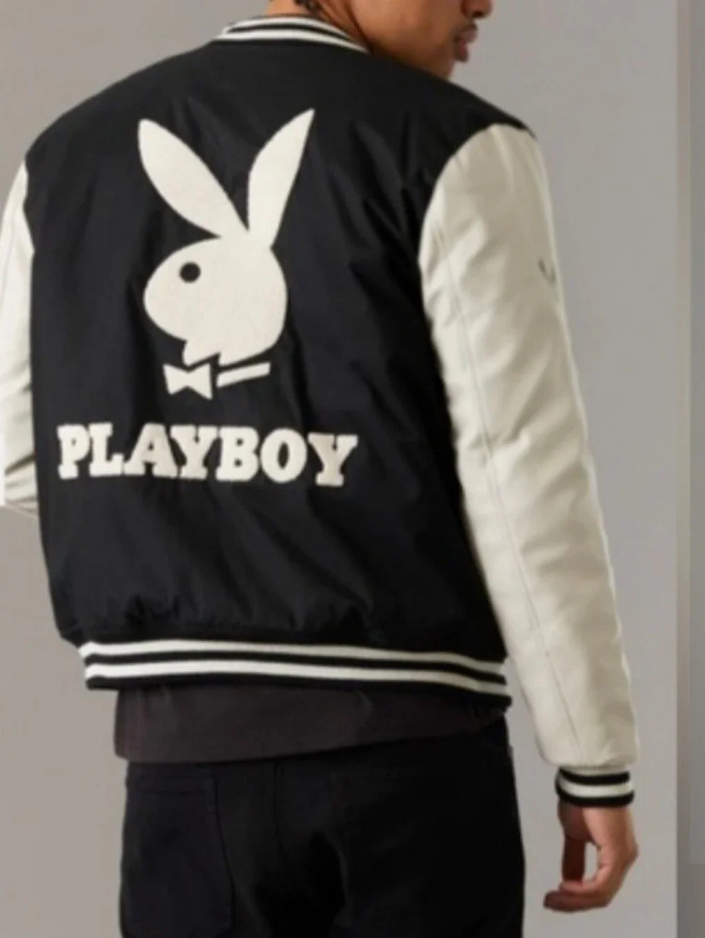 Playboy Fleece Varsity Jacket Snap Front Black White Bunny Logo Men Medium M Y2K